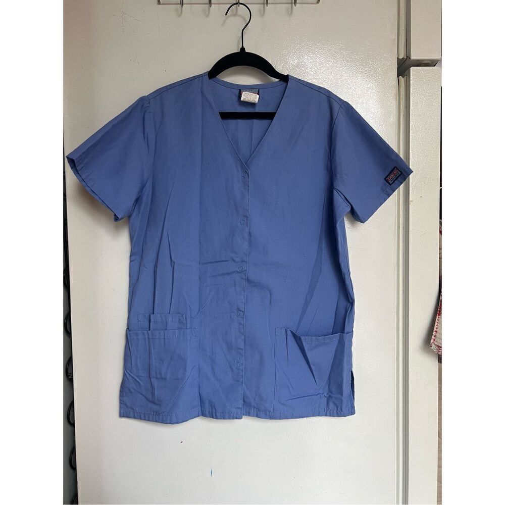 Cherokee Workwear Blue Snap Button Up Scrub Top Woman’s Size XS